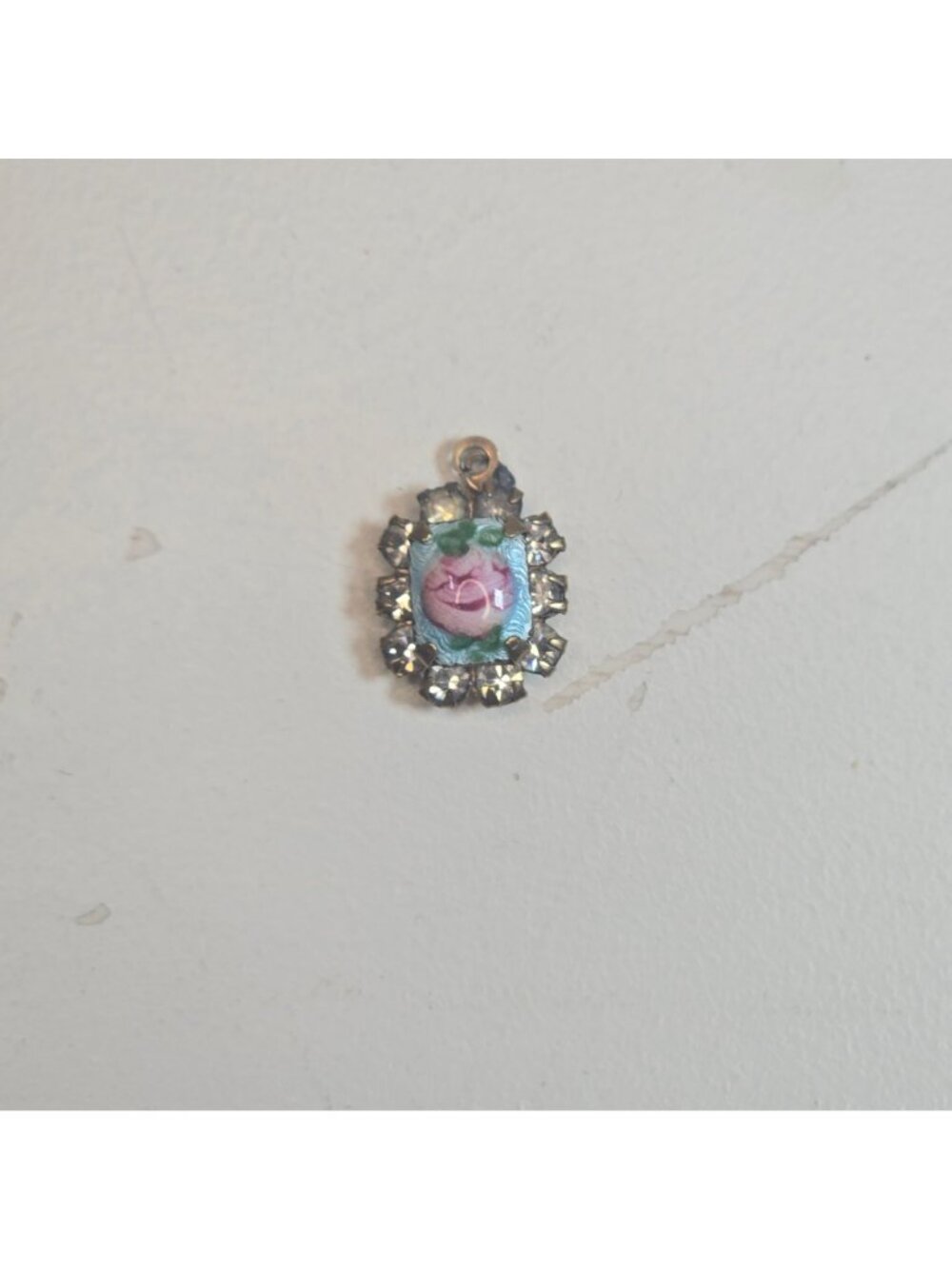 Vintage Guilloche Enamel Pink Rose Pendant Rhinestone Charm Art Deco Style READ - Picture 2 of 8